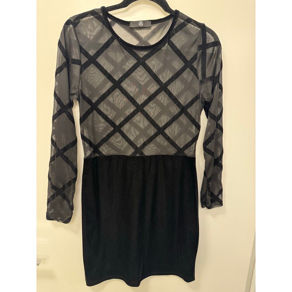 Misguided Size 8 Long Sleeve Sheer Velvet Mini Party Club Vegas Dress